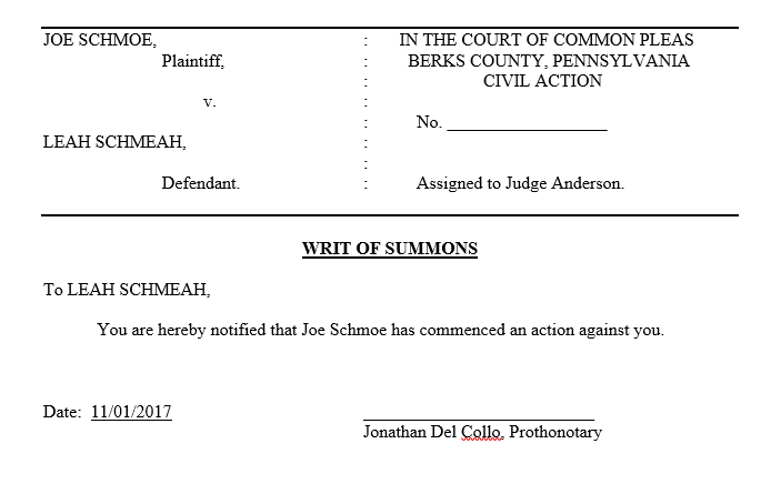 An example of a Pennsylvania Writ of Summons