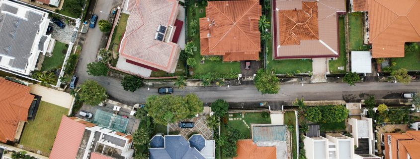 An aerial shot of houses in a development