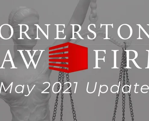 Faded black and white photo of Lady Justice statue, along with the Cornerstone Law Firm logo and the words "May 2021 Recap"