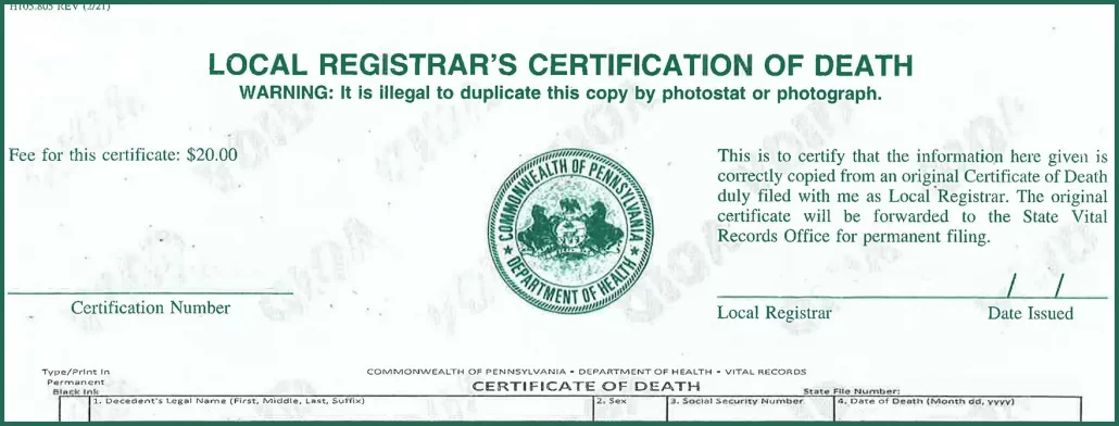Pennsylvania Death Certificate