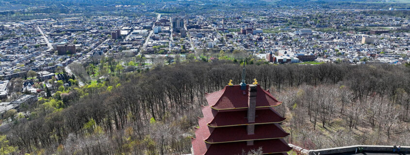 An aerial shot of the Pagoda with the city of Reading in the background