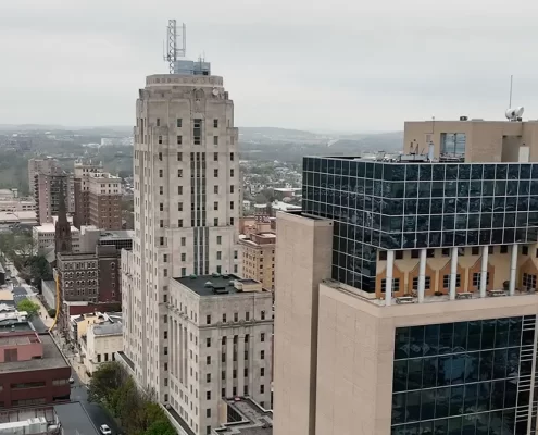An aerial shot of the Berks County Courthouse and surrounding buildings in Reading, PA.