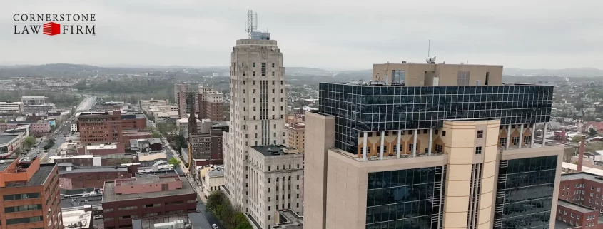 An aerial shot of the Berks County Courthouse and surrounding buildings in Reading, PA.