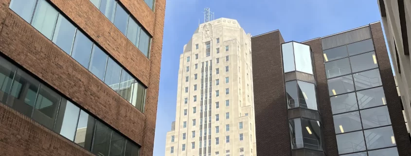 A photo of the Berks County Courthouse and some surrounding buildings