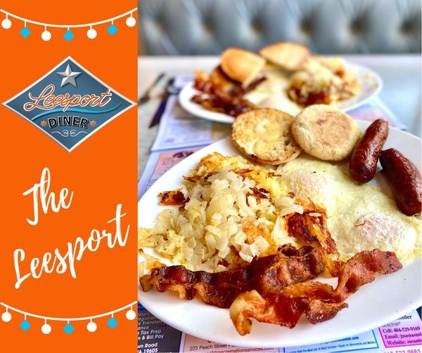 A photo of a breakfast platter called "The Leesport" with eggs, bacon, potatoes, sausage, and more