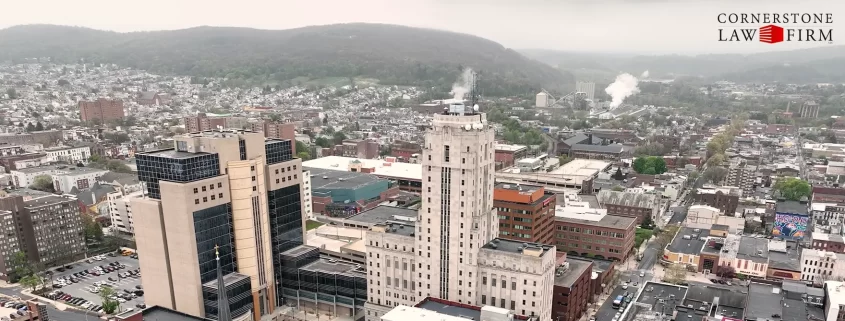 An aerial shot of the Berks County Courthouse and surrounding buildings in Reading, PA.