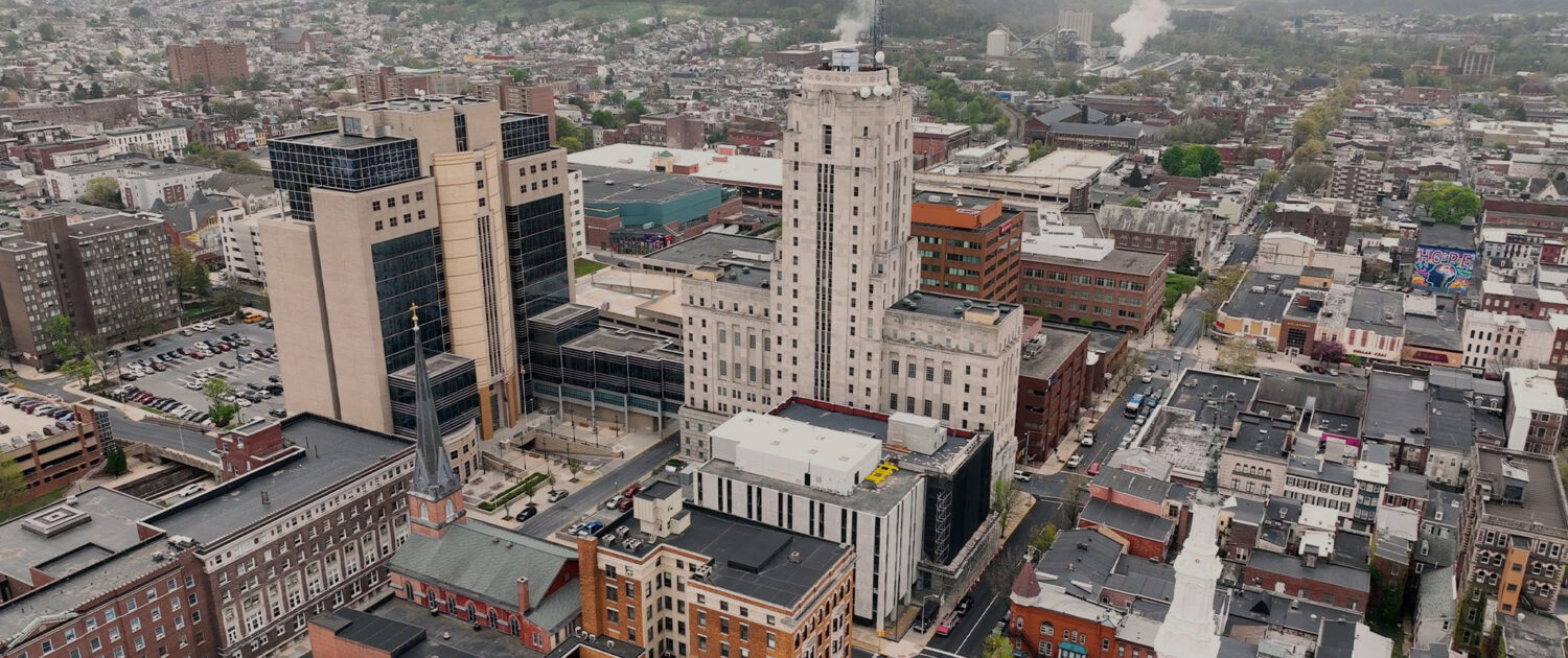 An aerial shot of the Berks County Courthouse and surrounding buildings in Reading