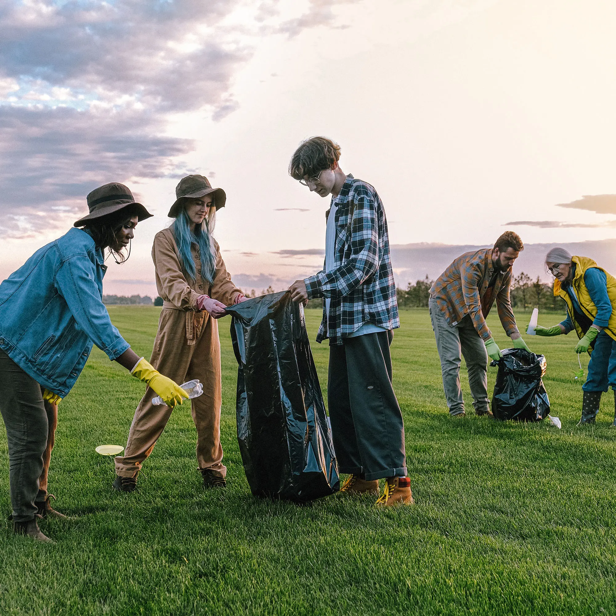 Volunteers picking up garbage in a field