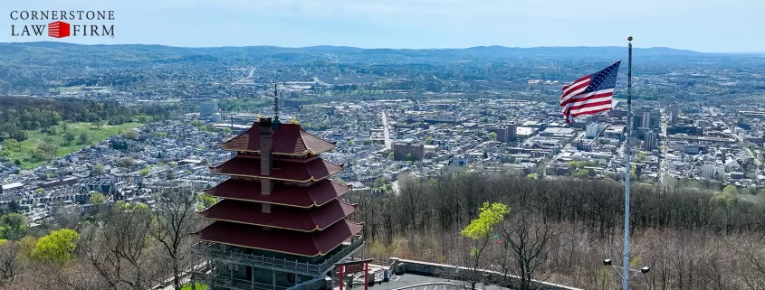 An aerial shot of the Pagoda with Reading in the background