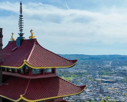 An aerial shot of the Pagoda with Reading in the background
