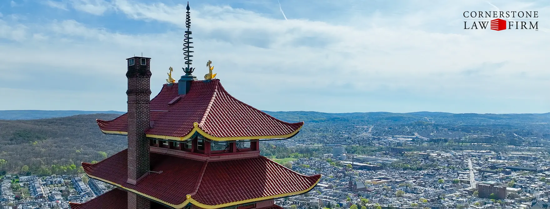 An aerial shot of the Pagoda with Reading in the background