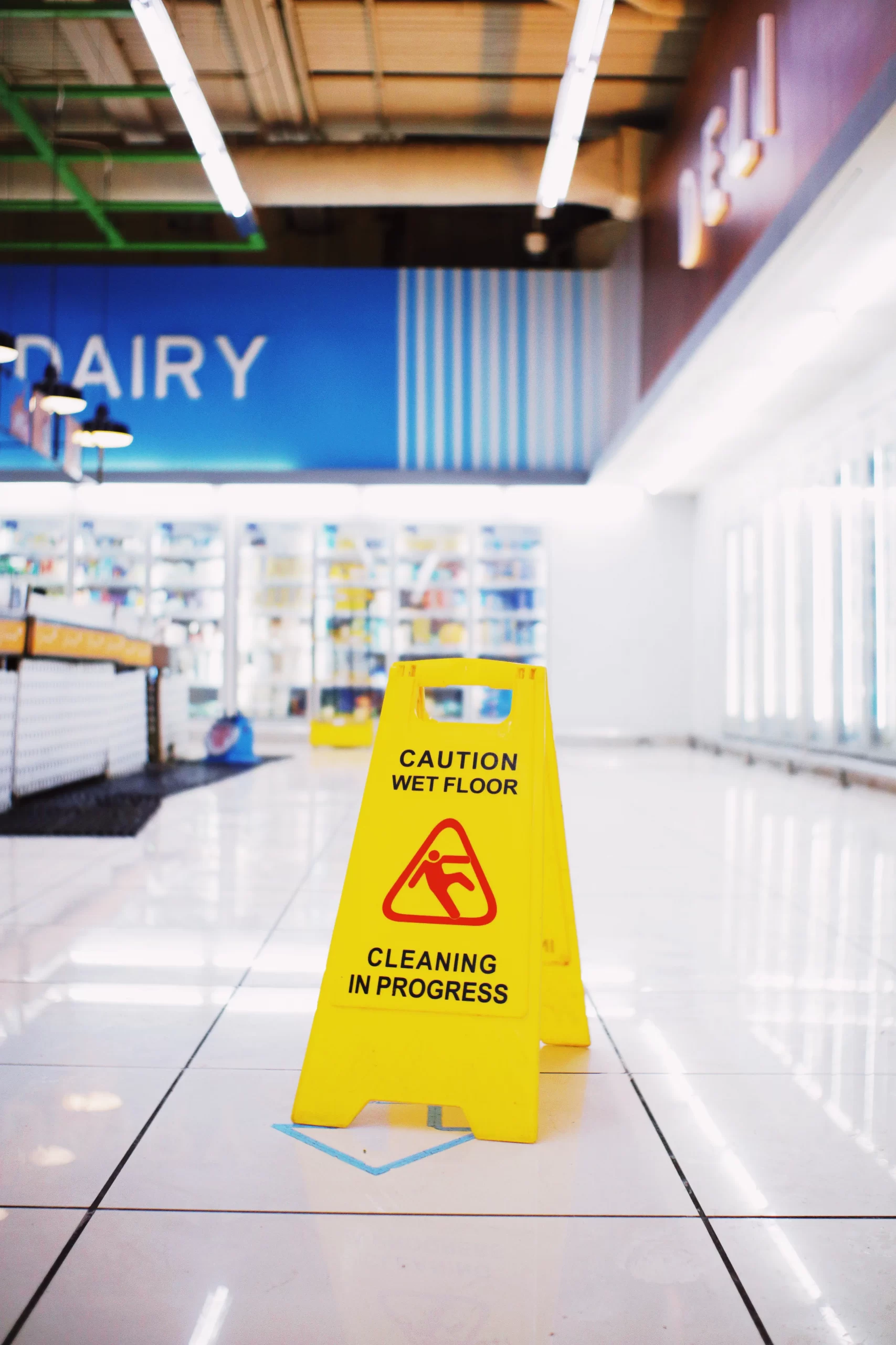 A wet floor sign in a grocery store.