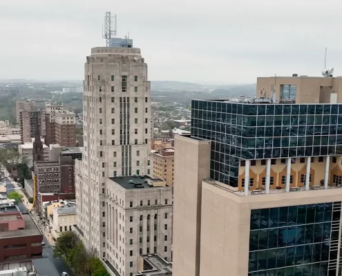 An aerial shot of downtown Reading, PA with the courthouse in the center