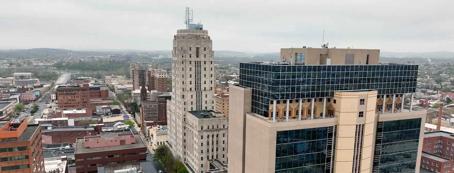 An aerial shot of downtown Reading, PA with the courthouse in the center