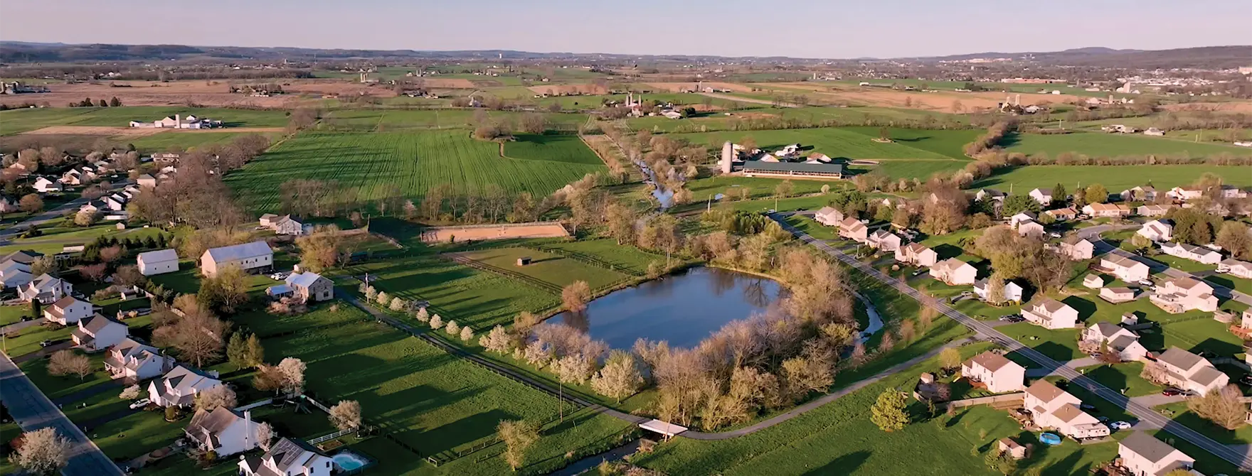 An arial shot of a development with a pond in Berks County, Pennsylvania.