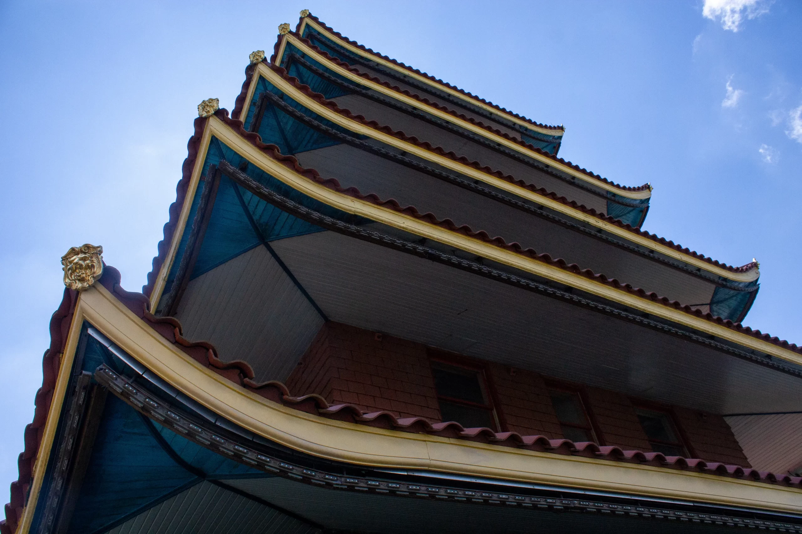 A photo of the Pagoda from the corner, showing the little golden lions on the corner of each roof.