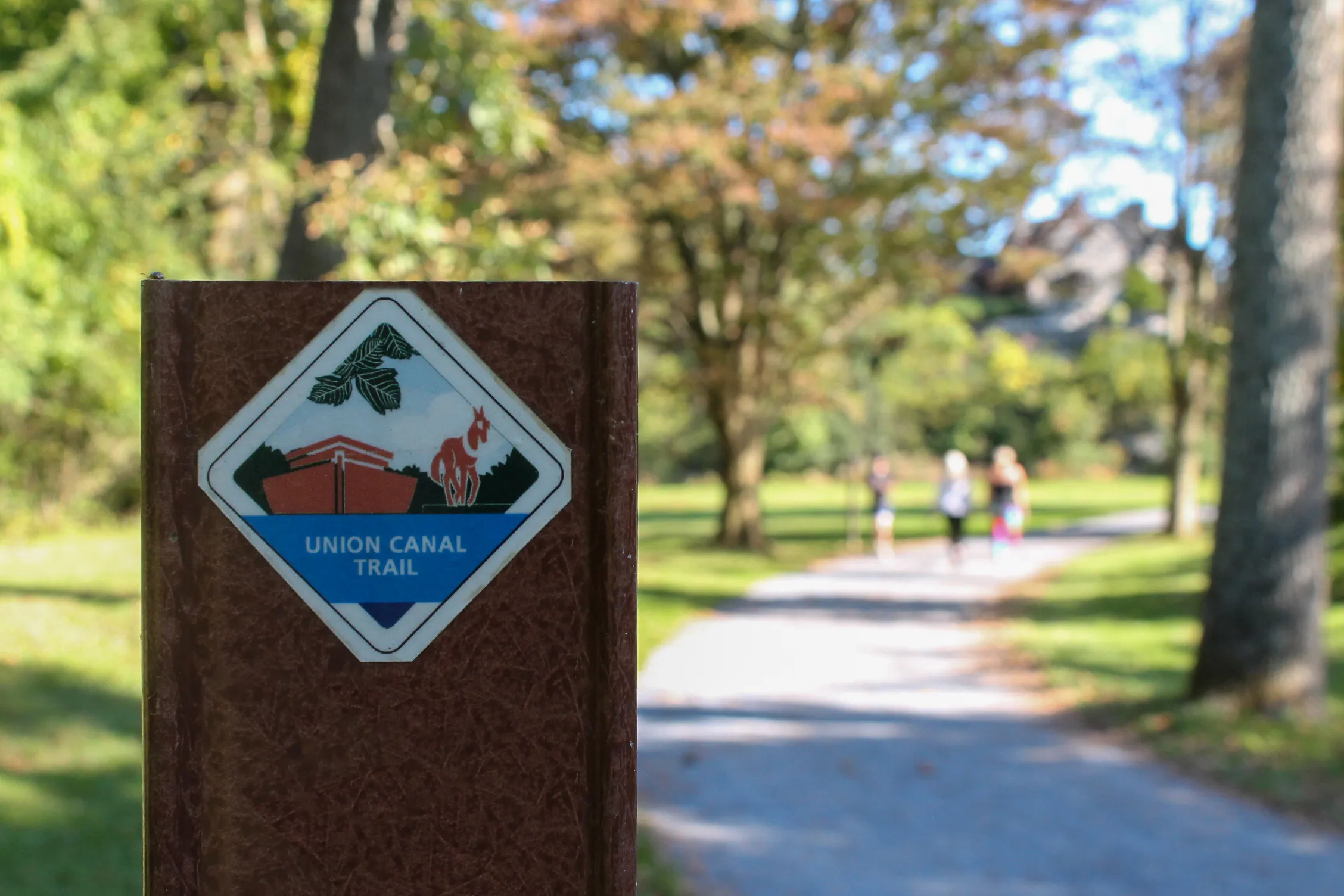 A photo of a Union Canal Trail sign with some people walking in the background.