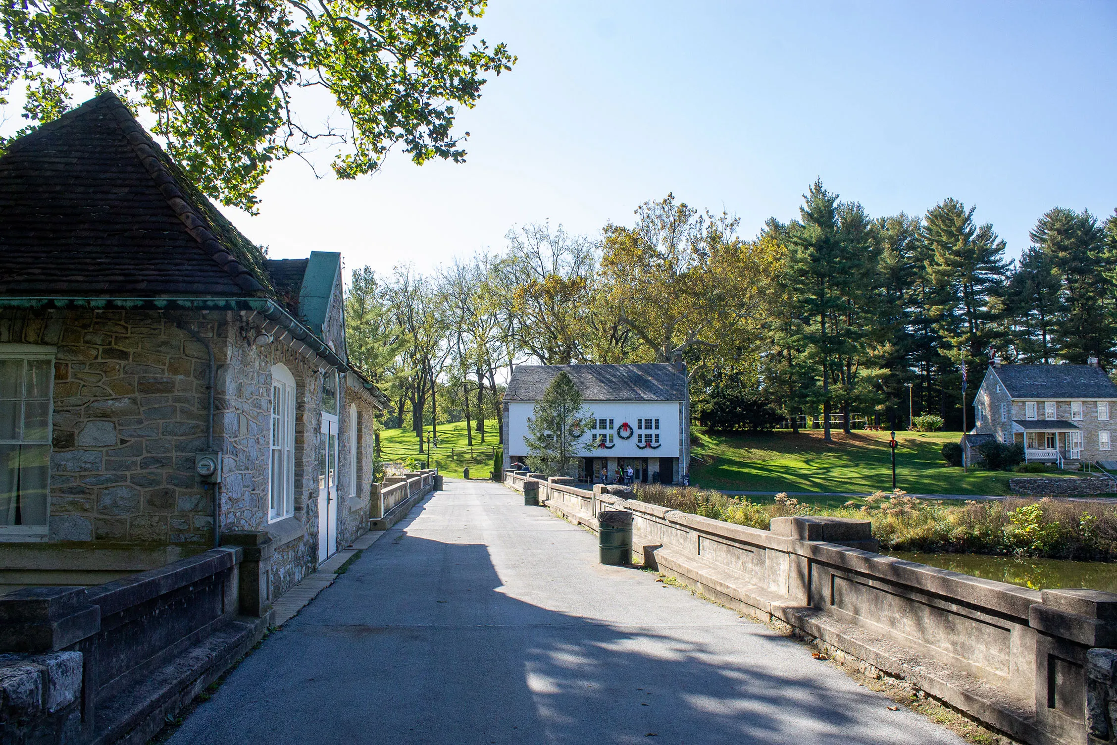 On top of the bridge at Gring's Mill in Wyomissing on a sunny, fall day.