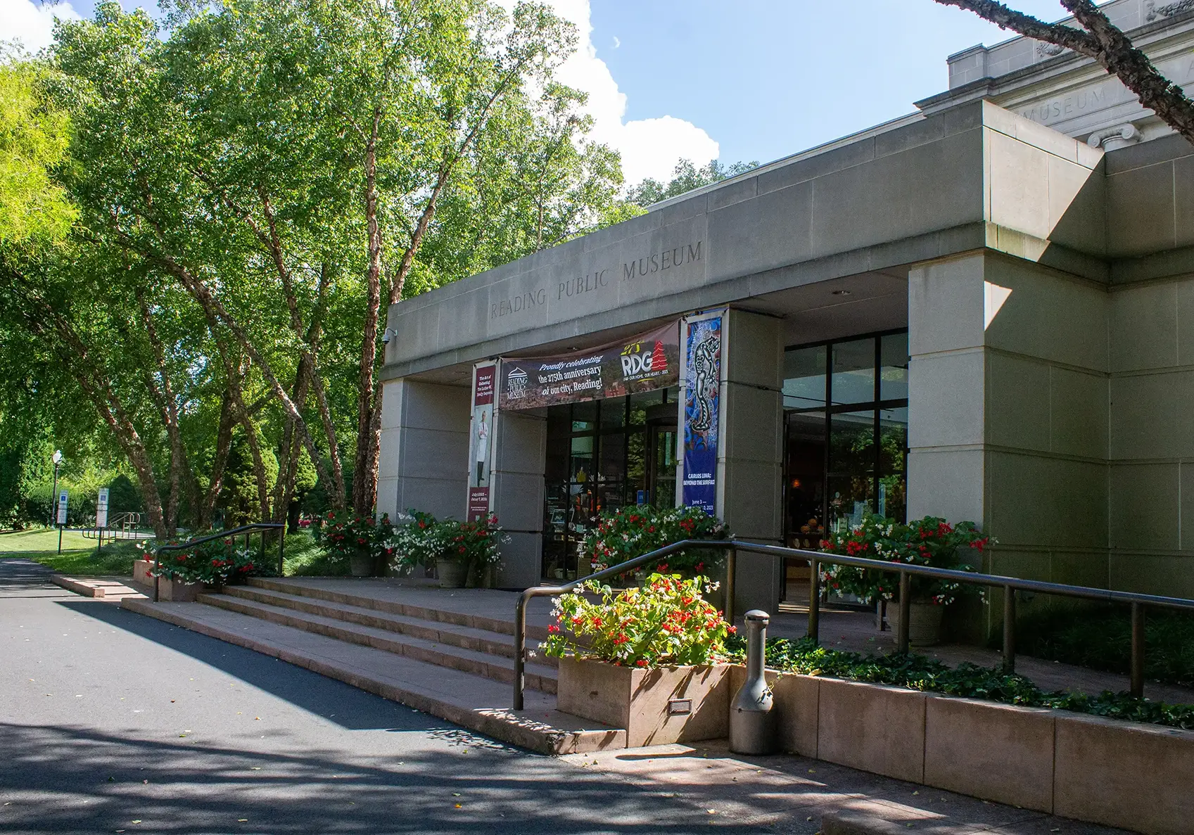 The front facade of the Reading Public Museum on a sunny day.