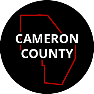 The words "Cameron County" in a black circle with red outline of the county behind it. The image links to a page listing the county's Magisterial District Courts.