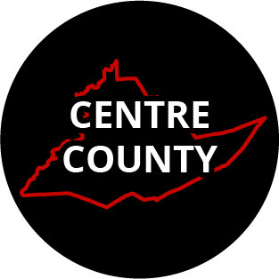 The words "Centre County" in a black circle with red outline of the county behind it. The image links to a page listing the county's Magisterial District Courts.
