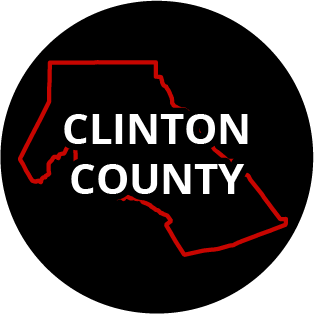 The words "Clinton County" in a black circle with red outline of the county behind it. The image links to a page listing the county's Magisterial District Courts.
