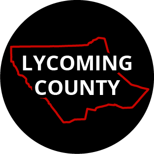 The words "Lycoming County" in a black circle with red outline of the county behind it. The image links to a page listing the county's Magisterial District Courts.