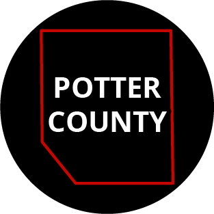 The words "Potter County" in a black circle with red outline of the county behind it. The image links to a page listing the county's Magisterial District Courts.