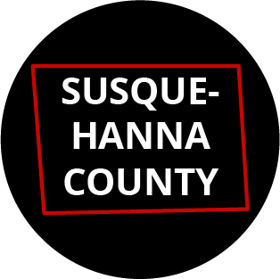 The words "Susquehanna County" in a black circle with red outline of the county behind it. The image links to a page listing the county's Magisterial District Courts.