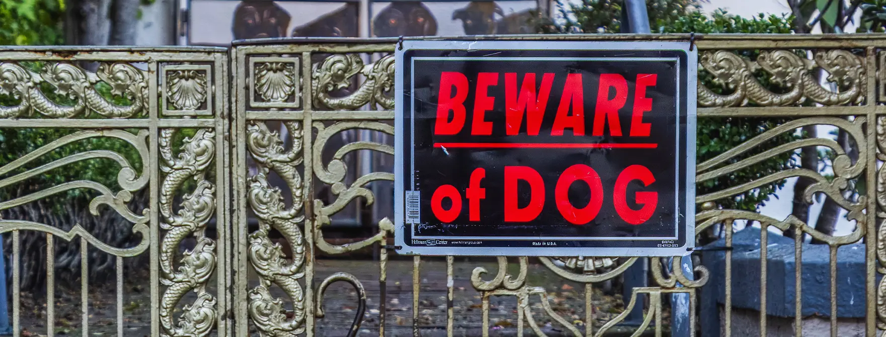 A "Beware of Dog" sign on a metal fence