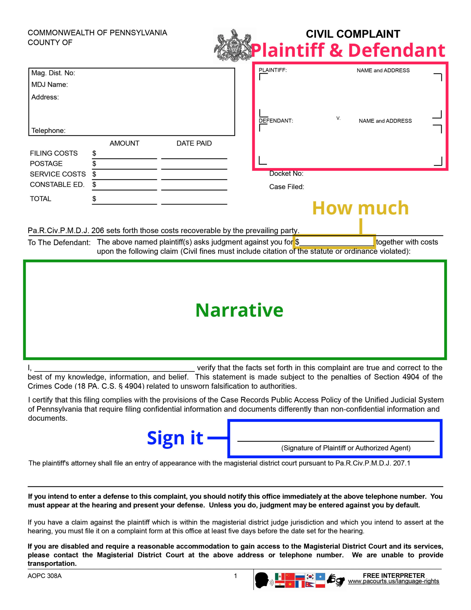 A civil complaint form with the following sections highlighted: Plaintiff & Defendant in the upper right corner, how much in the middle, narrative in the lower middle, and the signature line in the lower middle.