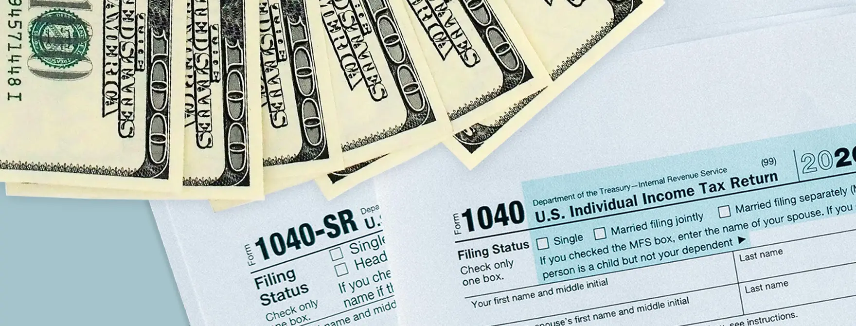 Tax forms and some U.S. currency