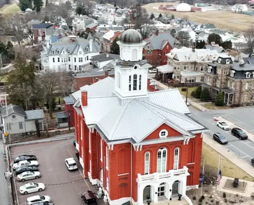 An aerial shot of a city building in Danville, PA