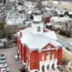 An aerial shot of a city building in Danville, PA