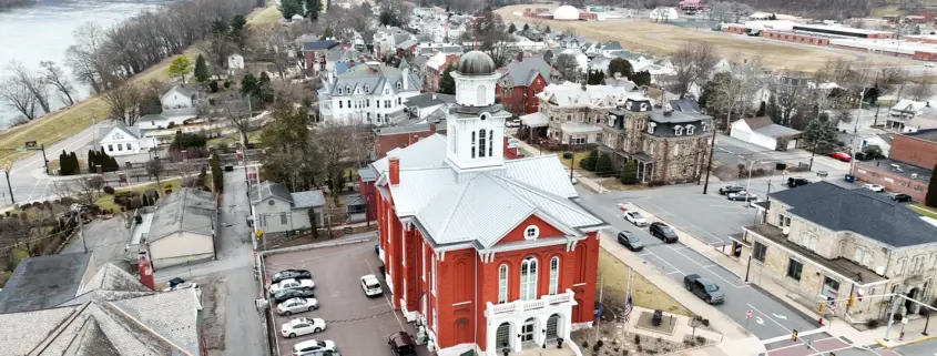 An aerial shot of a city building in Danville, PA