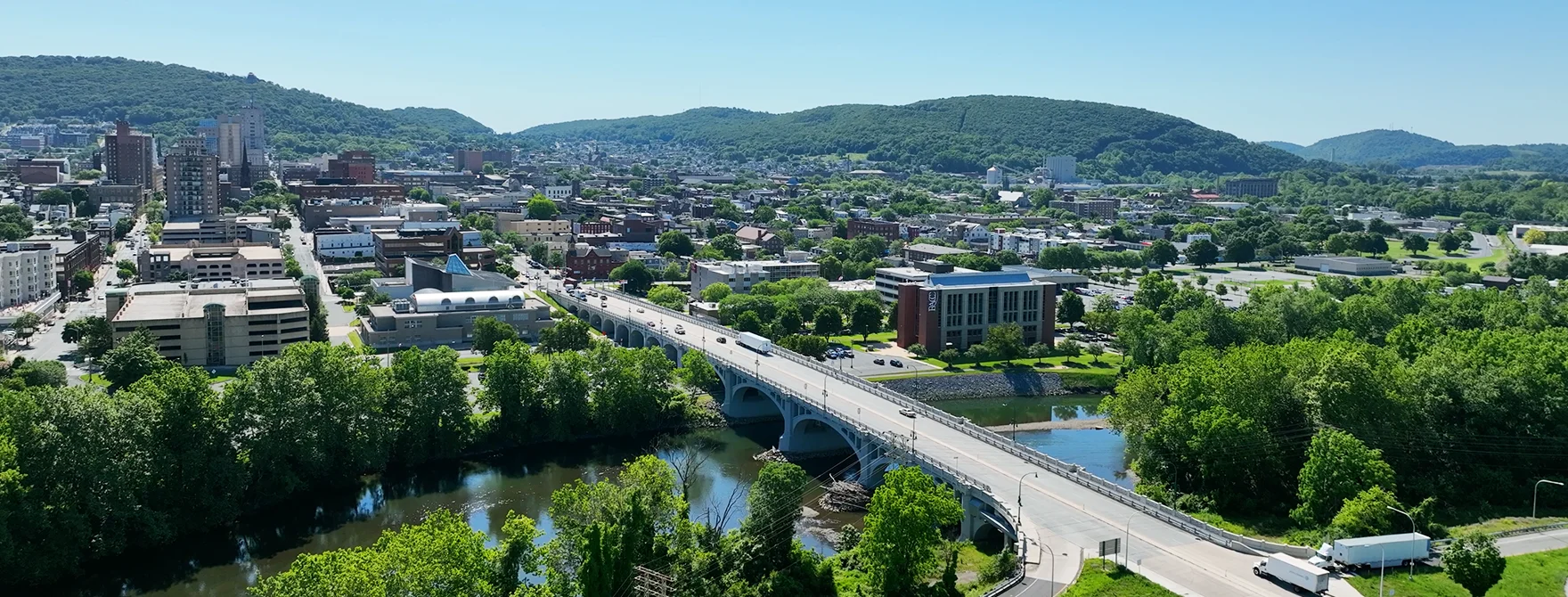 An aerial shot of Reading, Pennsylvania from the west side, over the river