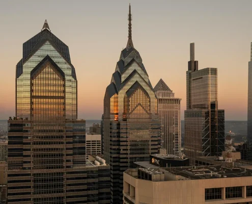 The Philadelphia skyline at sunset