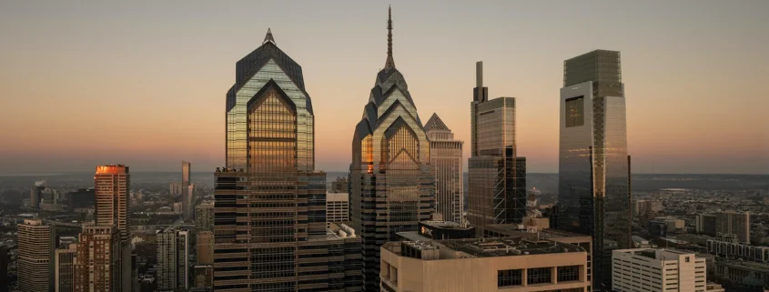 The Philadelphia skyline at sunset