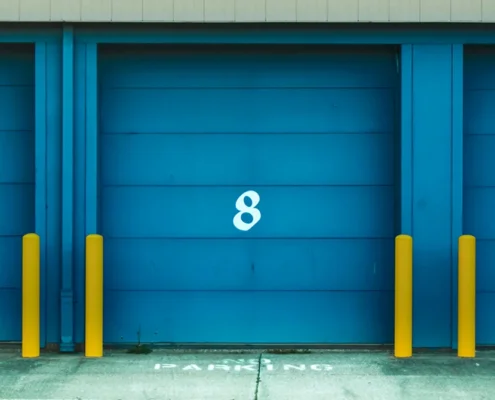 Blue garage doors from a self-storage facility