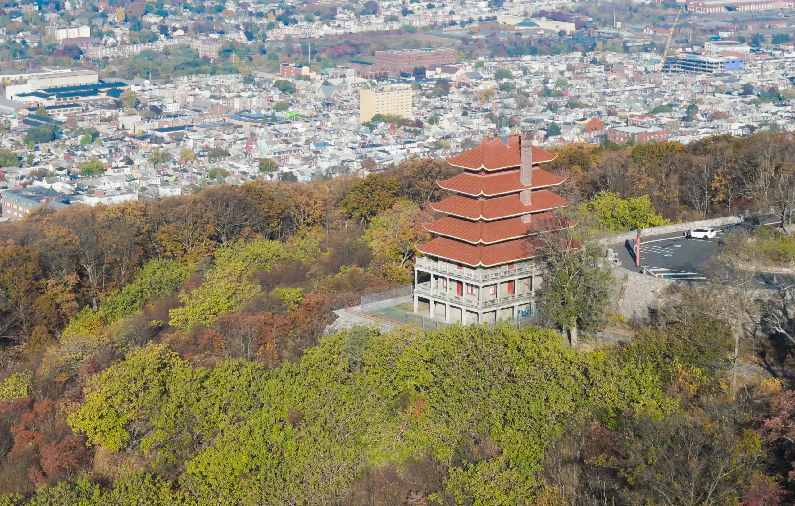 An aerial shot of the Reading Pagoda