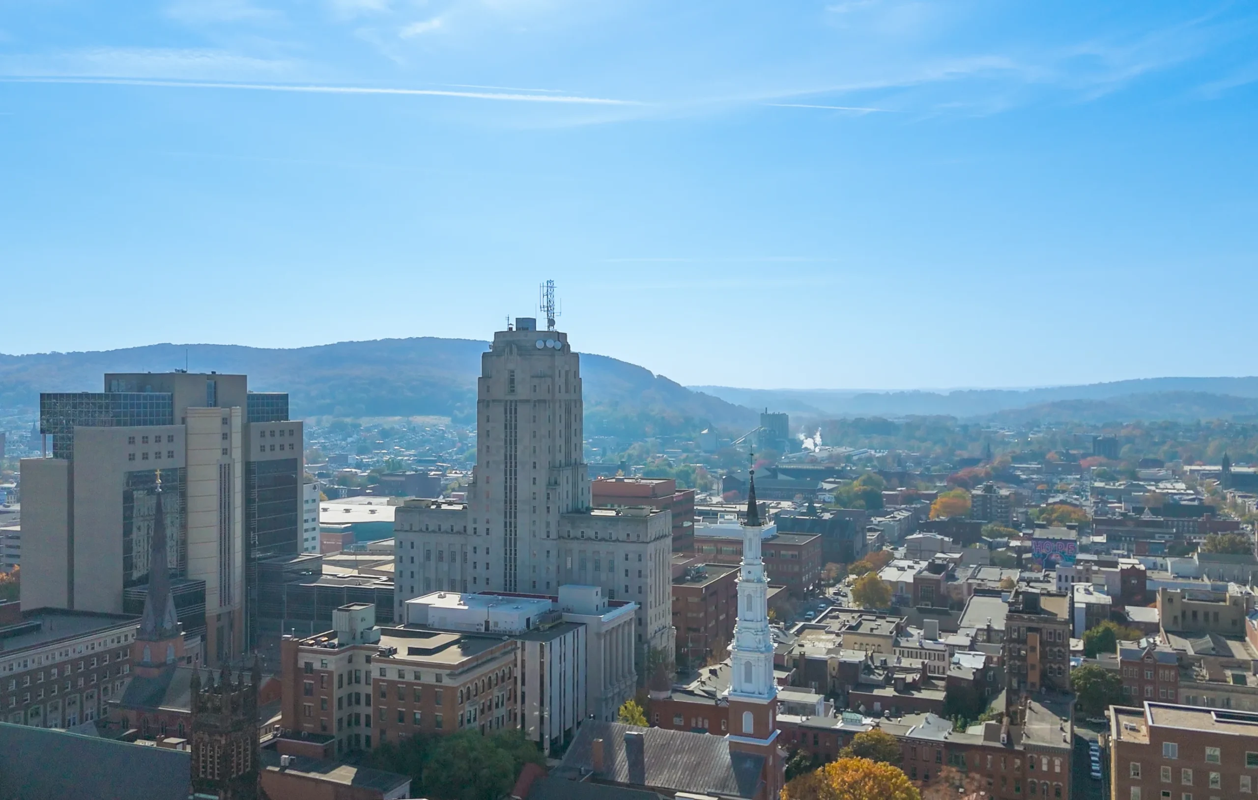 An aerial shot of the Reading Courthouse