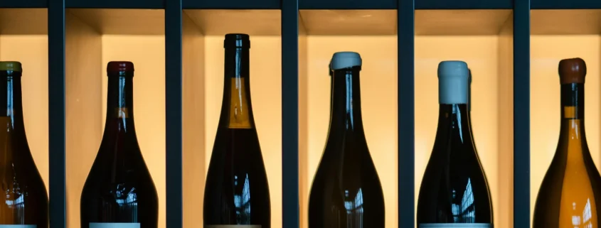 Bottles of liquor on a lit shelf