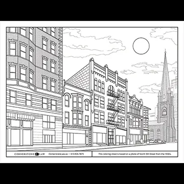 A thumbnail of the 2025 coloring sheet, which is based off a photo of North 5th Street in Reading, PA.